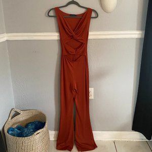 PrettyLittleThing Rust Rib Twist Detail Jumpsuit
